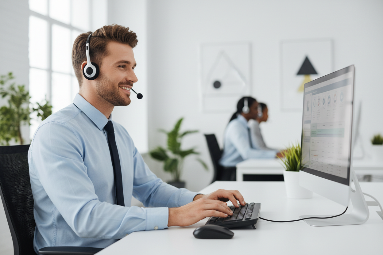customer service men on desk with shirt in light blue color and headphone
